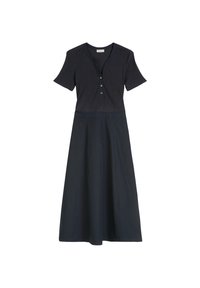 Dark navy dress with short sleeves, a buttoned v-neck, and a flowing skirt, showcasing a casual, stylish design.