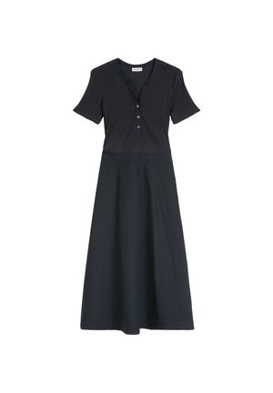 Dark navy dress with short sleeves, a buttoned v-neck, and a flowing skirt, showcasing a casual, stylish design.
