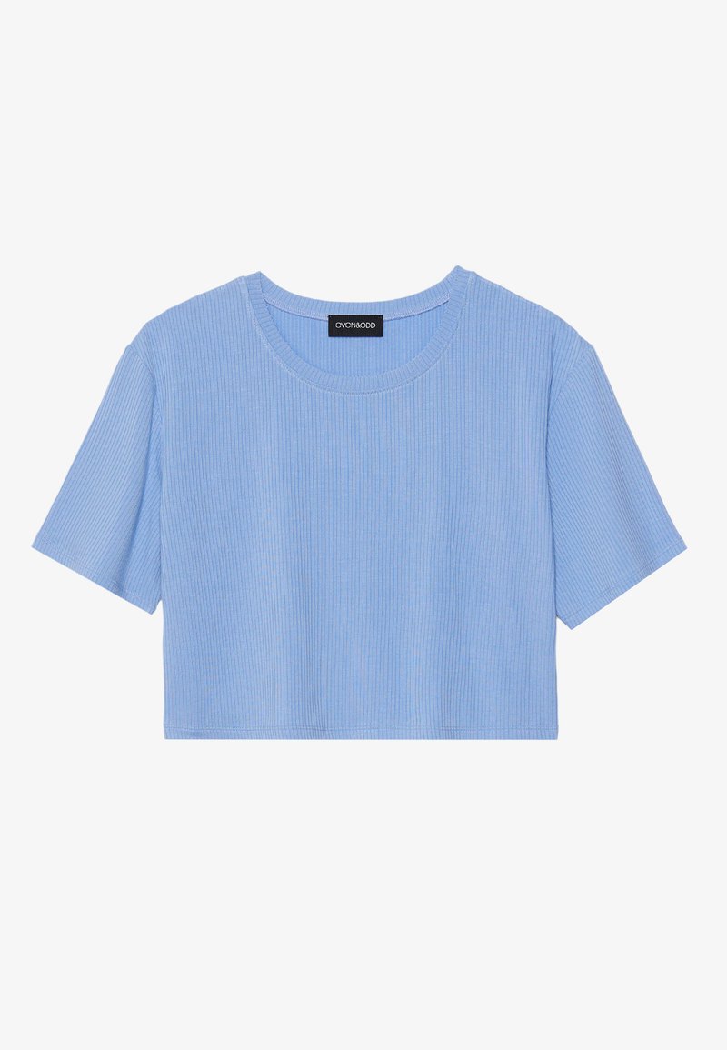 Maglietta blu a coste, tagliata, con maniche corte, scollatura rotonda e orlo pulito. Etichetta visibile all'interno del colletto.