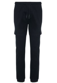 Černé pracovní kalhoty z bavlněné směsi, s bočními kapsami, elastickým pasem a zúženými manžetami pro přiléhavý střih.