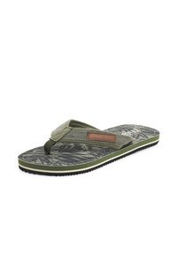 Flip-flop sandal in olive green with a patterned footbed. Features a textile strap and a rubber sole with a contrasting dark edge.