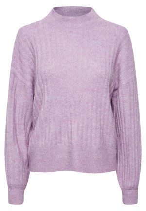 Světle fialový pletený svetr s vysokým límcem, ribbed texturou a širokými rukávy. Volný střih s měkkým, texturovaným povrchem.