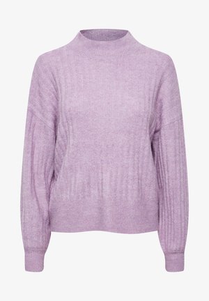 Lichtpaarse gebreide sweater met een hoge kraag, geribbelde textuur en wijde mouwen. Casual pasvorm met een zachte, gestructureerde afwerking.
