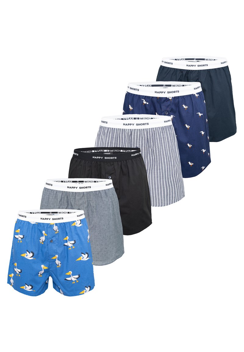 Seis pares de boxers con diferentes estampados: uno con pelícanos, dos de colores sólidos (negro, azul marino), un diseño de rayas y una textura gris melange.