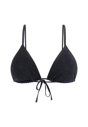 Black bikini top with triangle cups, adjustable straps, and ruched detailing. Features a subtle pattern of small, textured accents.