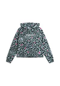 Giacca con cappuccio verde, bianca e nera con stampa leopardata e dettagli rosa; caratterizzata da un collo conzip e polsini elasticizzati. Logo "FREDDY" sul davanti.