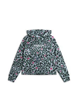 Giacca con cappuccio verde, bianca e nera con stampa leopardata e dettagli rosa; caratterizzata da un collo conzip e polsini elasticizzati. Logo "FREDDY" sul davanti.