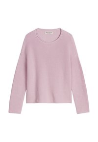 Pull en maille rose pâle avec un col rond et des épaules tombantes, présentant une texture côtelée et une coupe décontractée.