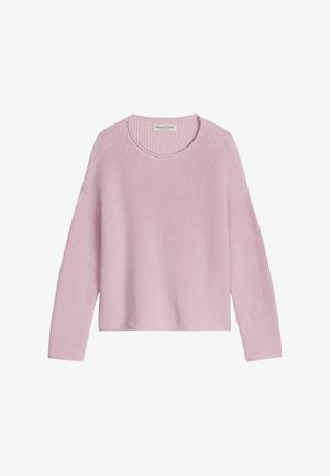 Jasnoróżowy dzianinowy sweter z okrągłym dekoltem i opuszczanymi ramionami, z prążkowaną fakturą i luźnym krojem.