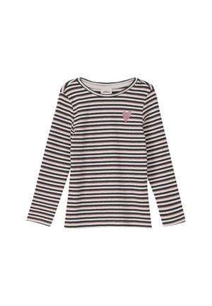Maglietta a maniche lunghe a righe in nero, bianco e granata con dettaglio a cuore rosa. Tessuto morbido con scollatura a girocollo e vestibilità regolare.