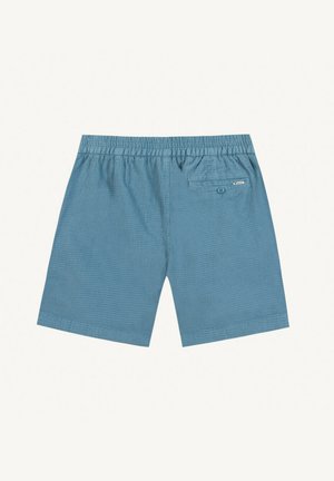 Shorts de bain pour hommes bleus avec taille élastique et une poche arrière à bouton, présentés à plat sur un fond blanc.