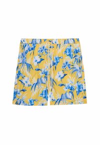 Costume da bagno giallo con un motivo floreale blu che presenta foglie e fiori. Vita elasticizzata con cordoncino per una vestibilità regolabile.