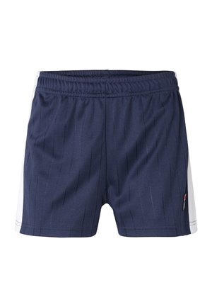 Shorts blu navy con righe verticali, vita elasticizzata e dettagli bianchi sui lati. Realizzati in materiale leggero e traspirante.