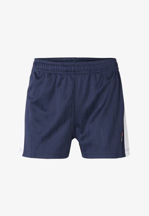 Marineblaue Shorts mit vertikalen Streifen, elastischem Taillenbund und weißen seitlichen Akzenten. Hergestellt aus leichtem, atmungsaktivem Material.