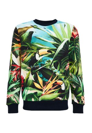Sweatshirt mit bunten tropischen Blättern, Blumen und zwei Tukanen auf einem blau-grünen Hintergrund, versehen mit schwarzen Bündchen und Kragen.