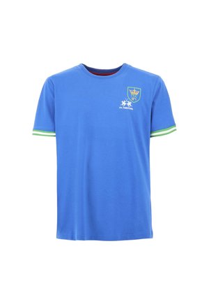 Maglietta di cotone blu con maniche corte, righe verdi e bianche, colletto tondo e un piccolo logo sulla parte anteriore.