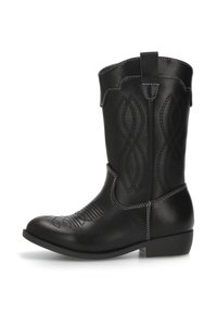 Botas de cowboy negras de cuero, con costuras decorativas en un patrón de onda, punta redonda y tacón bajo apilado.