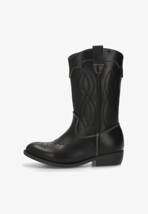 Botas de cowboy negras de cuero, con costuras decorativas en un patrón de onda, punta redonda y tacón bajo apilado.