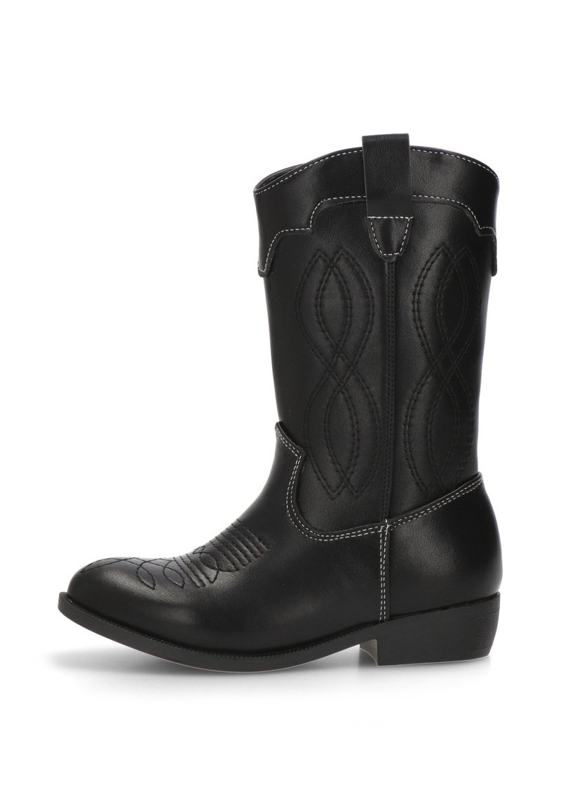 Botas de cowboy negras de cuero, con costuras decorativas en un patrón de onda, punta redonda y tacón bajo apilado.