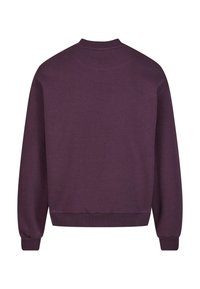 Sweat-shirt à manches longues violet foncé avec poignets et ourlet côtelés ainsi qu'un col légèrement relevé, vu de dos sur fond blanc.