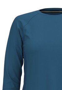 Türkisfarbenes langärmliges Sportshirt mit Rundhalsausschnitt, das aus glattem Material besteht und mit strukturierten Seitenpanelen für verbesserte Atmungsaktivität ausgestattet ist.