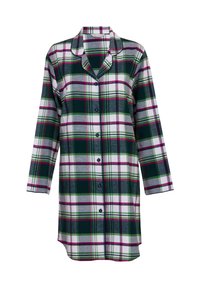 Camisa de noche de franela a cuadros verdes y blancos con cuello, cierre de botones y mangas 3/4. Presenta líneas rosas y un dobladillo ligeramente curvado.