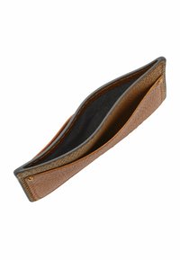 Brown leather wallet with a textured exterior, grey interior lining, and open design showcasing multiple compartments. Seam detailing visible.