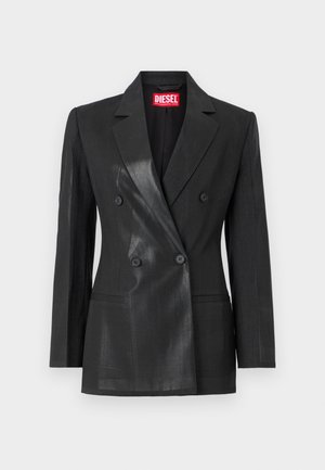 Czarna, dwurzędowa marynarka wykonana z błyszczącego materiału. Posiada klapy, dwie przednie kieszenie oraz czarne guziki. Czerwony metka marki wewnątrz.