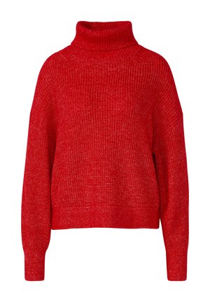 Roter Rollkragenpullover mit lockerem Sitz, grob gestrickter Textur, langen Ärmeln und gerippten Details am Kragen und den Bündchen.
