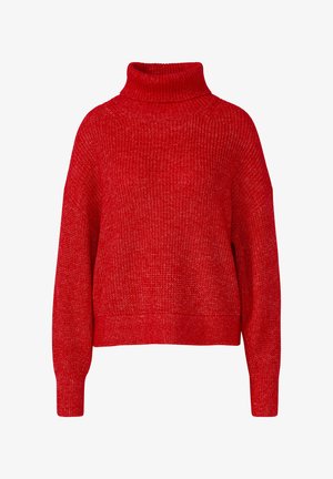 Roter Rollkragenpullover mit lockerem Sitz, grob gestrickter Textur, langen Ärmeln und gerippten Details am Kragen und den Bündchen.