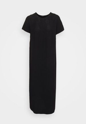 Schwarzes Midikleid mit kurzen Ärmeln, Rundhalsausschnitt, geradem Schnitt und einfachem Design vor weißem Hintergrund.