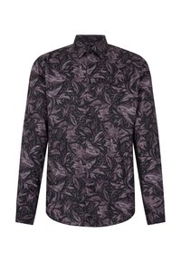 Langarmhemd mit schwarzem Grund und lila botanischen und tierischen Mustern. Standardkragen und Knopfverschluss vorne. Weicher Stoff.
