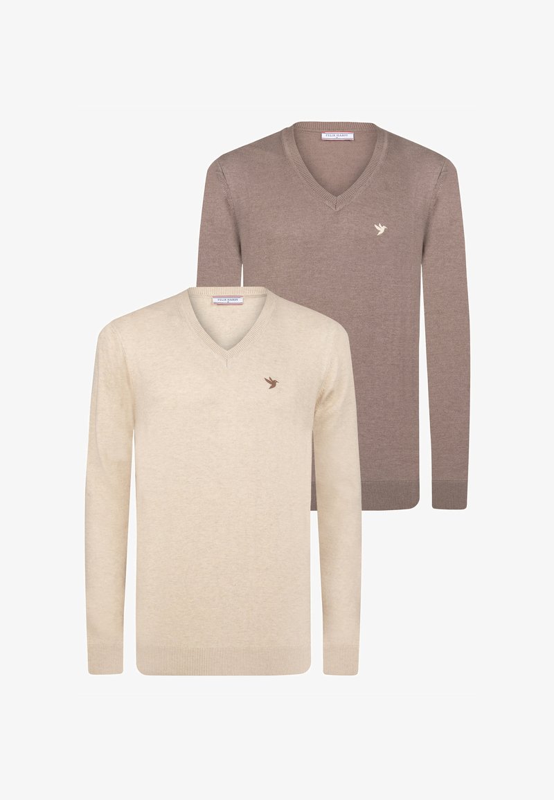 V-hals truien in beige en bruin. Zachte, gebreide stof met geribbelde boorden en zomen. Subtiel logo op de borst in een donkere tint.