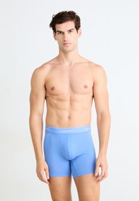 Világoskék boxer alsónadrág, puha tapintással, szürke Calvin Klein logóval a derékpánton. A modell elöl áll.