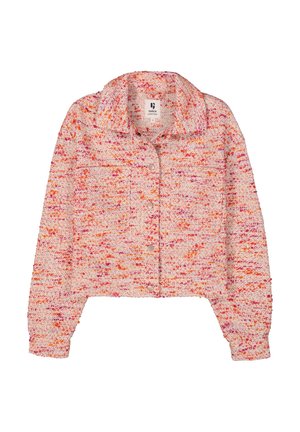 Texturierte, kurz geschnittene Jacke in Rosatönen, Orange und Weiß, mit Kragen, vorderen Knöpfen und zwei Brusttaschen. Weicher, gewebter Stoff.