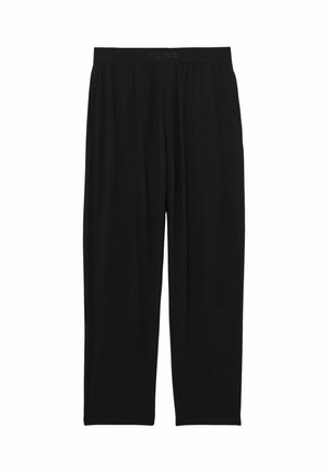 Černé široké kalhoty s hladkou texturou, vybavené elastickým pasem a dlouhým střihem až na zem. Vyrobené z měkké, lehké tkaniny.