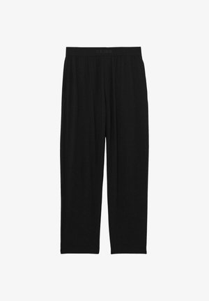 Czarne spodnie szerokie o gładkiej fakturze, z elastycznym paskiem w talii i długością do podłogi. Wykonane z miękkiego, lekkiego materiału.
