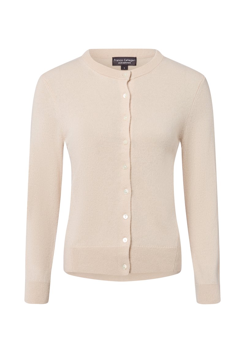Kremowy, długi kardigan z kaszmiru z długimi rękawami, okrągłym dekoltem i zamknięciem na guziki z przodu marki Franco Callegari, rozmiar S.