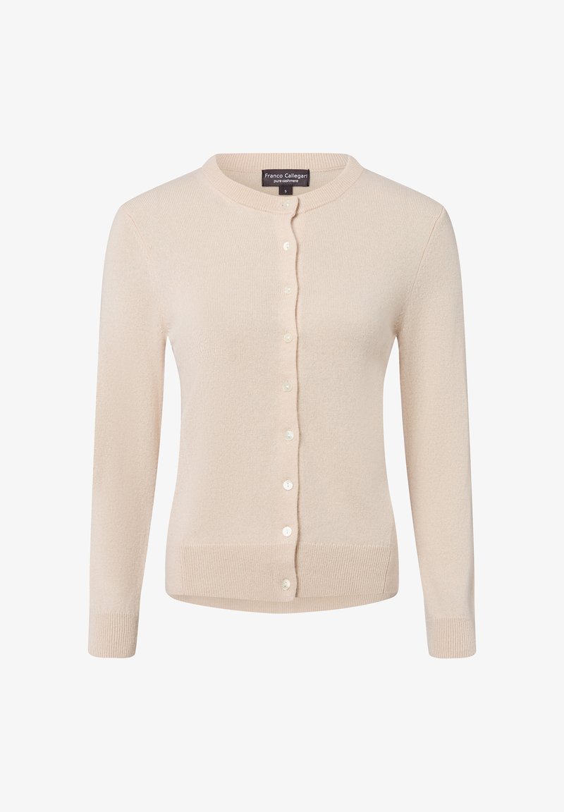 Kremowy, długi kardigan z kaszmiru z długimi rękawami, okrągłym dekoltem i zamknięciem na guziki z przodu marki Franco Callegari, rozmiar S.