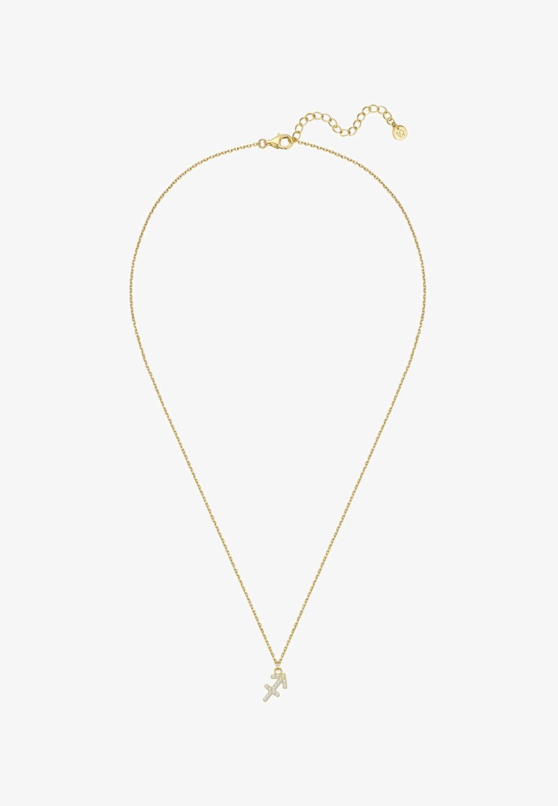 Guldkæde med en fin kæde og to charms, en simpel og en dekoreret med klare sten, med en hummerlås og justerbar længde.