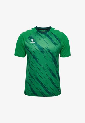 Zielona sportowa koszulka z gradientowym wzorem i ciemnozielonymi paskami. Wykonana z lekkiego materiału, ma okrągły dekolt i krótkie rękawy.