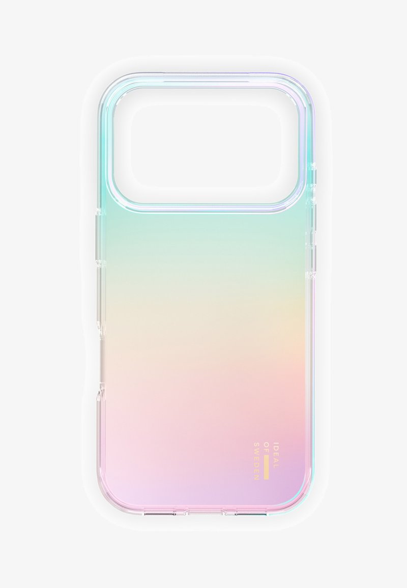 Διάφανη θήκη τηλεφώνου με ιριδίζον παστέλ gradient και λογότυπο "Ideal of Sweden" σε χρυσό στο κάτω δεξί μέρος.
