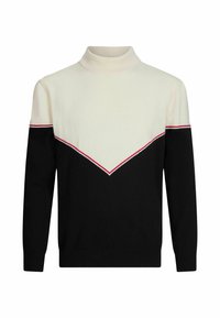 Schwarzer und cremefarbener Strickpullover mit einem hohen gerippten Kragen, der ein Chevron-Design auf der Brust und den Schultern hat, das in Rot umrandet ist.