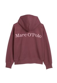 Felpa bordeaux con cappuccio e vestibilità rilassata, con la scritta "Marc O’Polo" stampata in rosa chiaro sulla schiena. Texture morbida e polsini a costine.