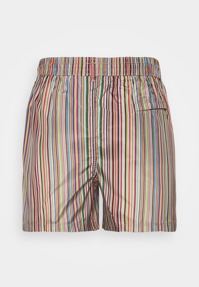 Shorts de bain rayés colorés avec une taille élastique, présentant des rayures verticales rouge, bleu, vert et jaune. Comprend une poche à l'arrière.