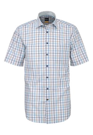 Chemise à manches courtes avec un motif à carreaux bleu clair, gris et beige et une poche poitrine devant.