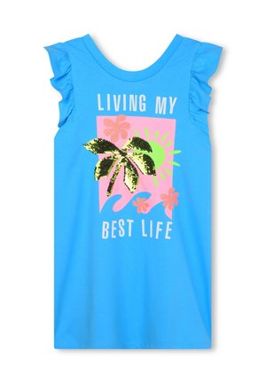 Vestido azul sin mangas con hombros con volantes, palmera de lentejuelas, sol, olas, flores y texto "Living my best life" en la parte delantera.