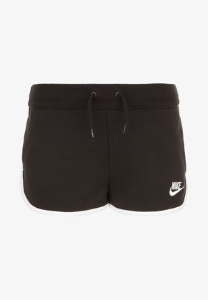 Shorts de sport noirs avec une taille à cordon de serrage, des accents latéraux blancs, et un petit logo Nike blanc sur le bas droit à l'avant. Tissu doux.