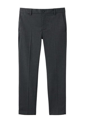 Dunkelgraue formelle Herrenhose mit schmaler Passform, Knopfverschluss vorne, Gürtelschlaufen und Seitentaschen.