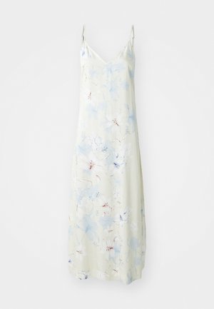 Vestido floral leve com fundo verde pálido, apresentando padrões de flores azuis e brancas, alças finas e um design de comprimento médio.